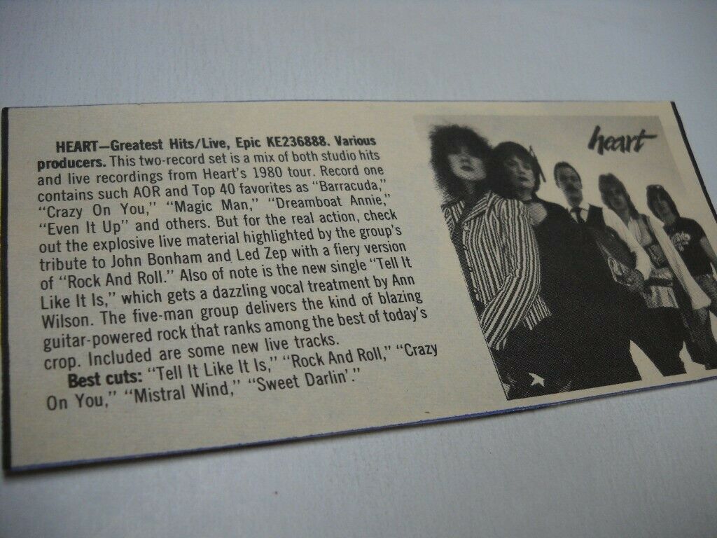 Heart Original 1980 Music Biz Promo Lp Review Greatest Hits/live