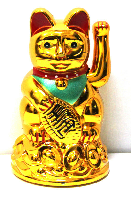 Feng Shui Gold Beckoning Cat Wealth Lucky Waving Kitty Maneki Neko 4" Tall